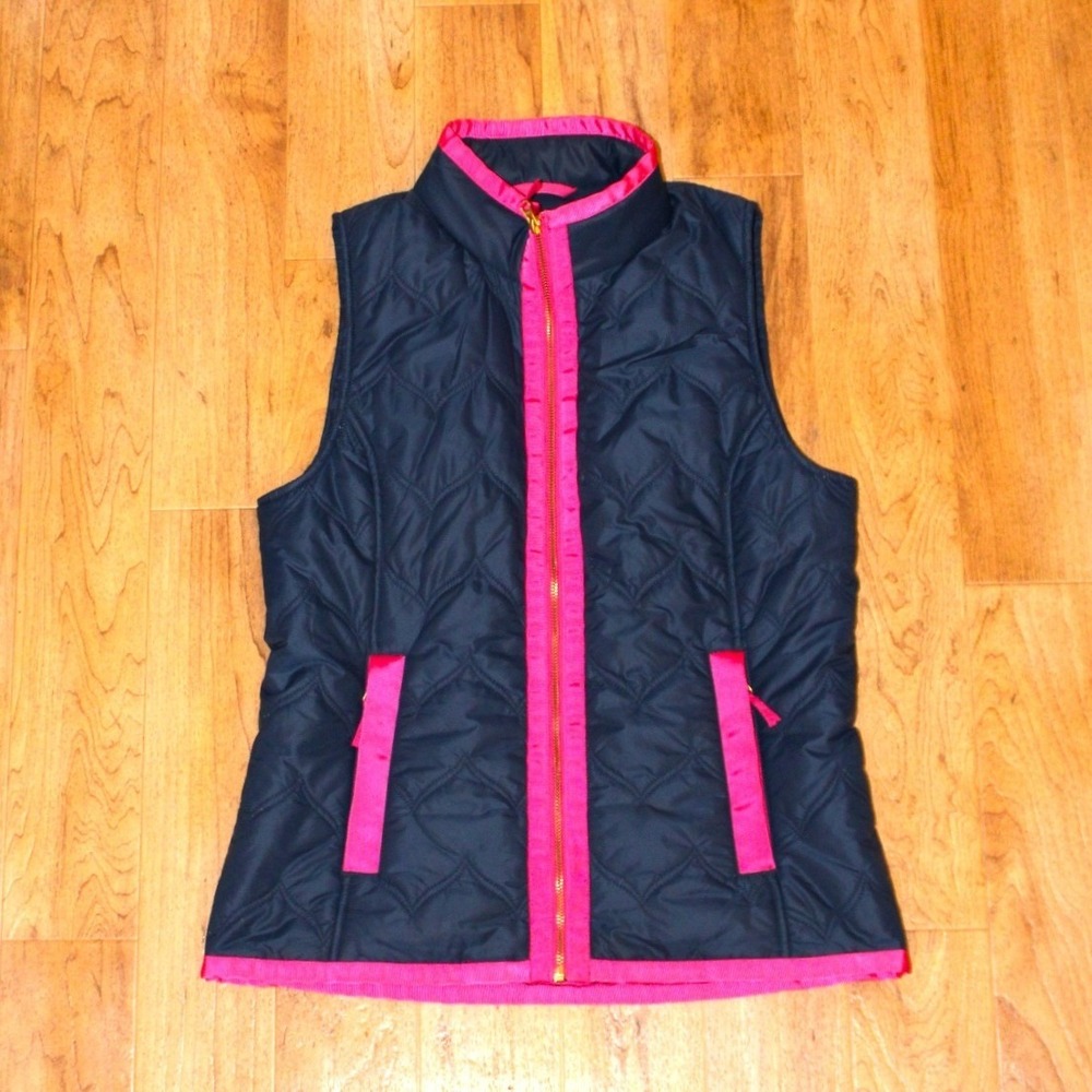 Vineyard Vines Quilted Vest Women Small Navy Blue Pink Preppy Whale Lining